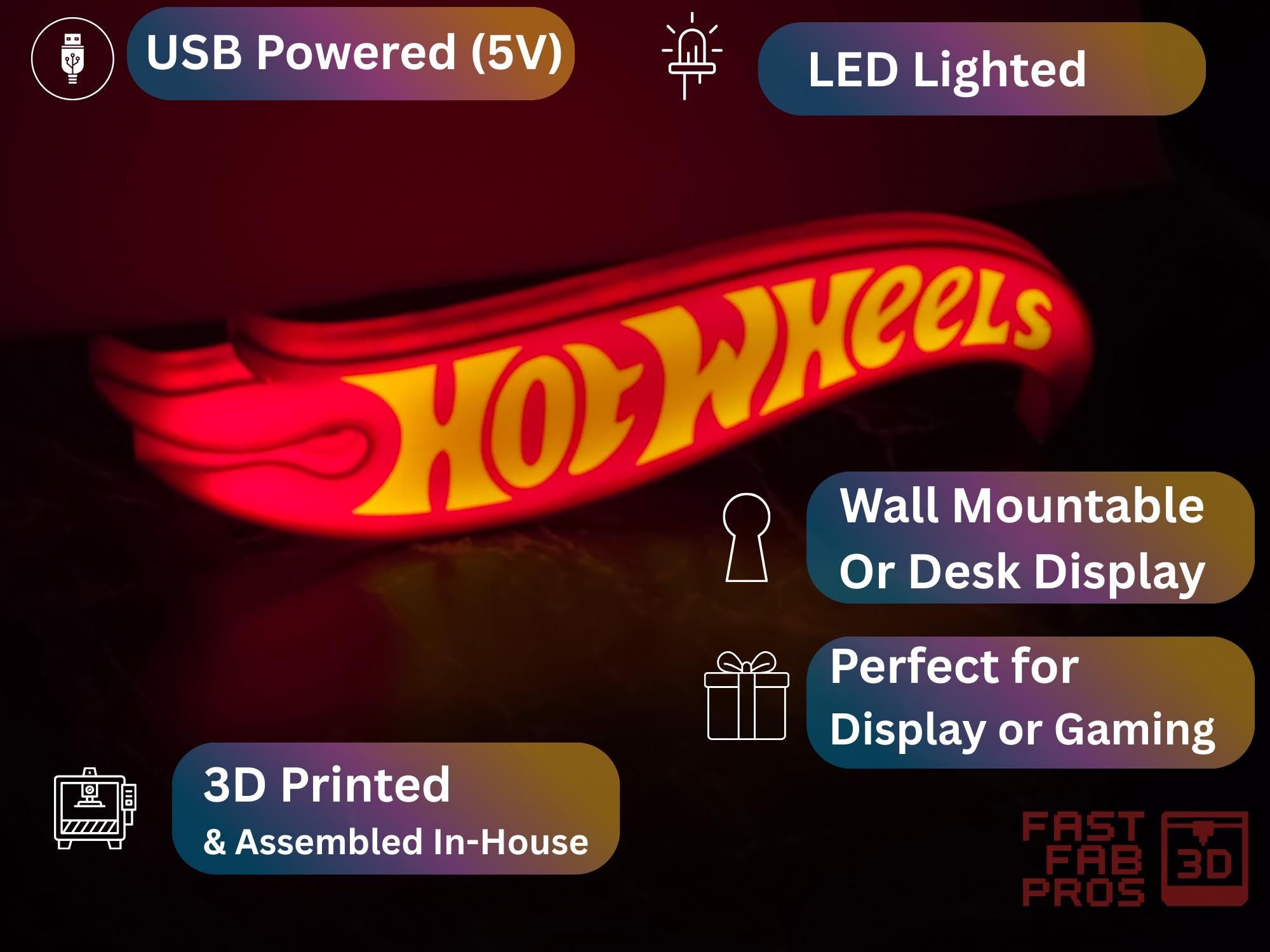 Hot Wheels LED Light Sign – Retro Logo Desk Light, USB Powered Wall or Shelf Display, Collector Decor
